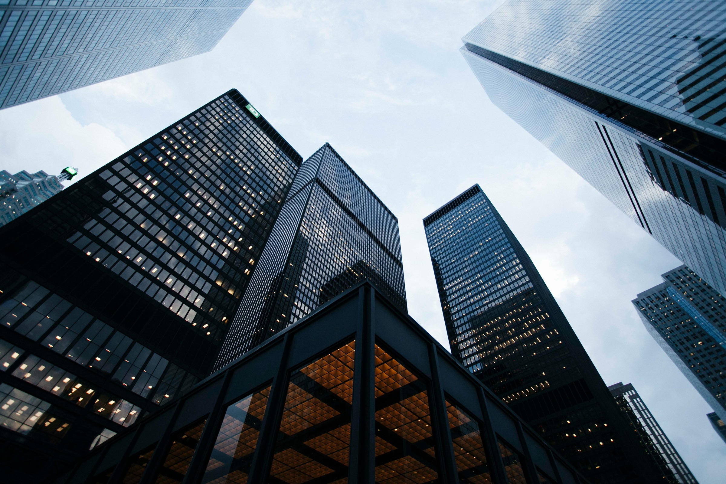 Financial district skyscrapers viewed from below